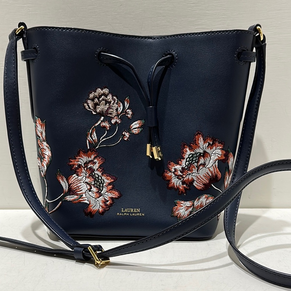 Lauren Ralph Lauren Navy Floral Embroidered  NWOT Drawstring Crossbody Bag